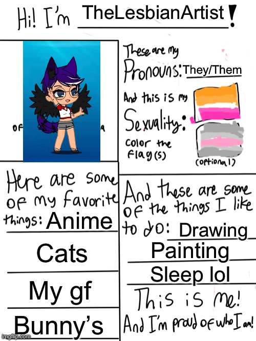Just thought I’d do this for fun | TheLesbianArtist; They/Them; Anime; Drawing; Cats; Painting; Sleep lol; My gf; Bunny’s | image tagged in lgbtq stream account profile,be yourself | made w/ Imgflip meme maker