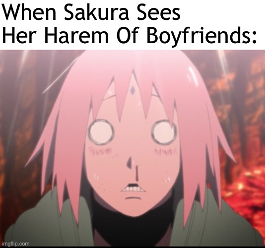 Sakura Nosebleeds When She Saw An Male Harem | When Sakura Sees Her Harem Of Boyfriends: | image tagged in sakura haruno nosebleed | made w/ Imgflip meme maker