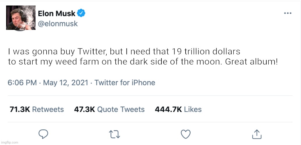 Elon Musk problems | I was gonna buy Twitter, but I need that 19 trillion dollars to start my weed farm on the dark side of the moon. Great album! | image tagged in elon musk blank tweet,dark side,of the moon,smoke weed everyday | made w/ Imgflip meme maker