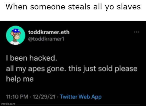 All my slaves gone | When someone steals all yo slaves | image tagged in dark humor | made w/ Imgflip meme maker