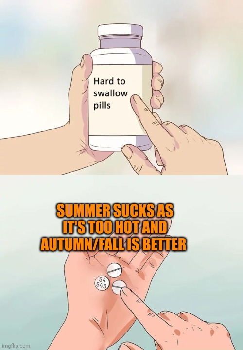 Summer sucks | SUMMER SUCKS AS IT'S TOO HOT AND AUTUMN/FALL IS BETTER | image tagged in memes,hard to swallow pills,autumn,fall,summer | made w/ Imgflip meme maker