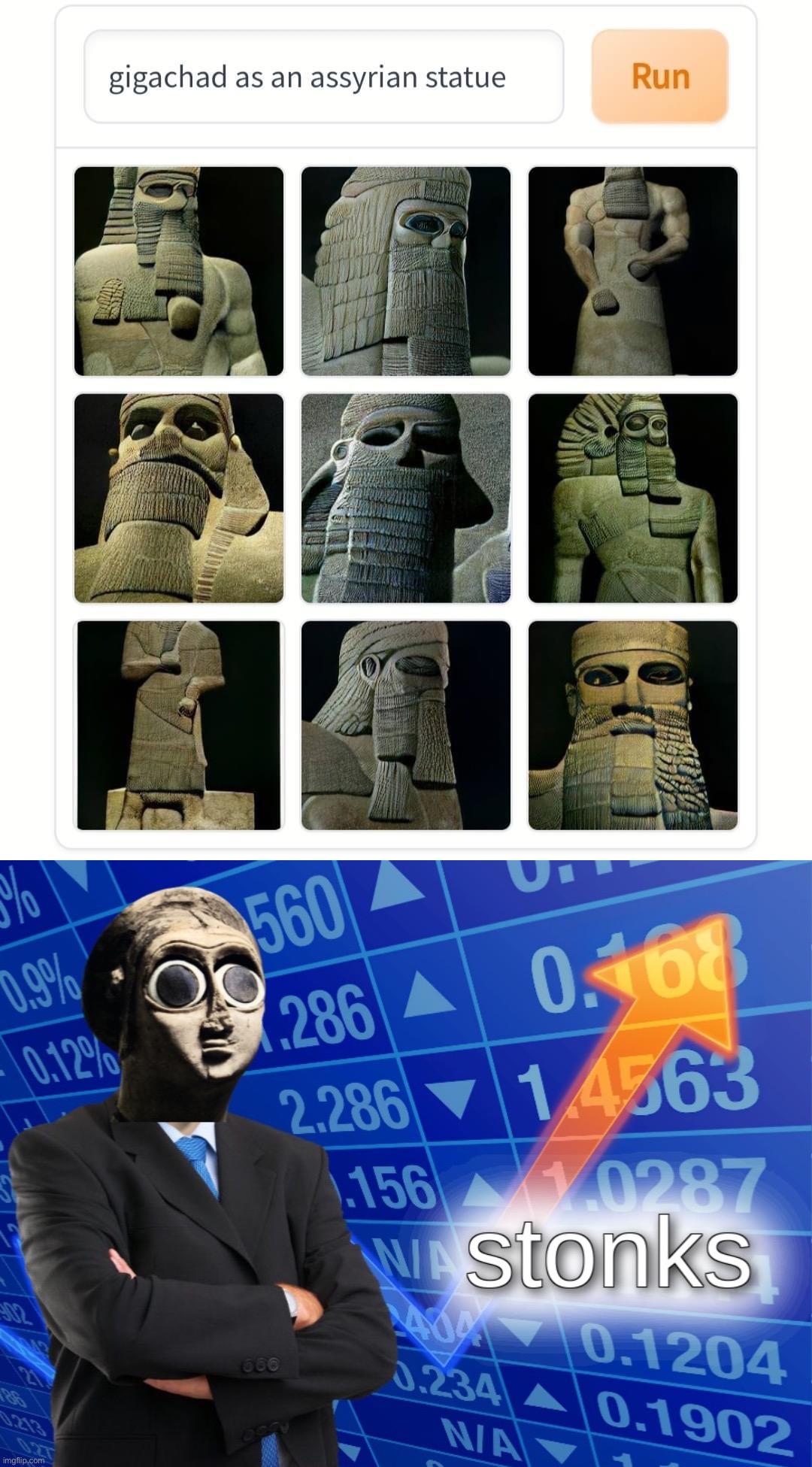 Sumerian stonks | image tagged in gigachad as an assyrian statue,sumerian stonks,stonks,gigachad,chad,statue | made w/ Imgflip meme maker