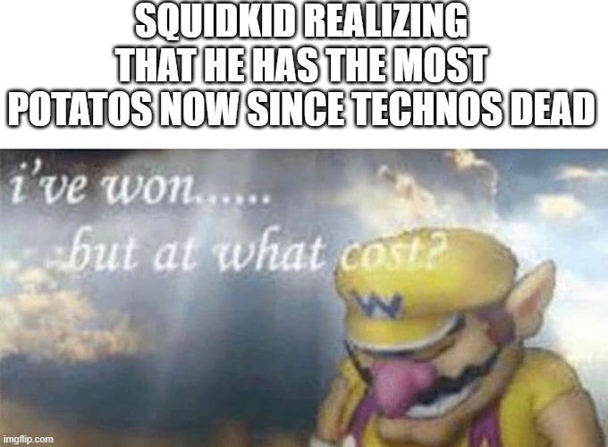 ive won but at what cost |  SQUIDKID REALIZING THAT HE HAS THE MOST POTATOS NOW SINCE TECHNOS DEAD | image tagged in ive won but at what cost | made w/ Imgflip meme maker