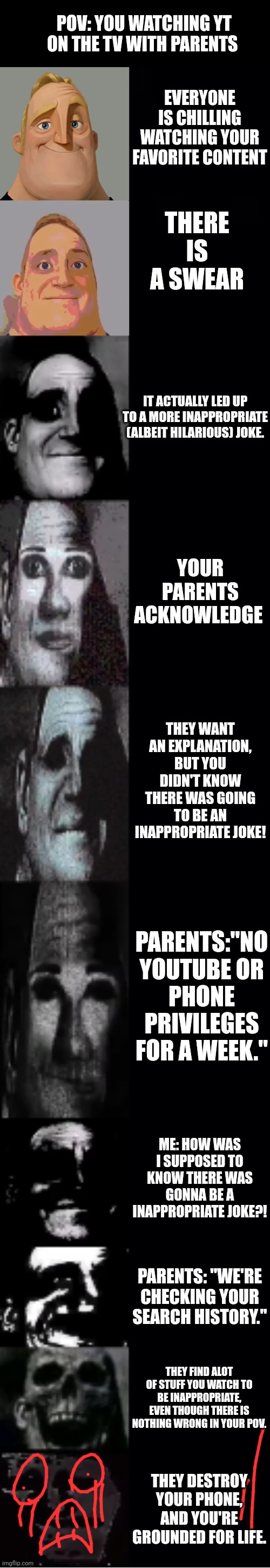 Oof | POV: YOU WATCHING YT ON THE TV WITH PARENTS; EVERYONE IS CHILLING WATCHING YOUR FAVORITE CONTENT; THERE IS A SWEAR; IT ACTUALLY LED UP TO A MORE INAPPROPRIATE (ALBEIT HILARIOUS) JOKE. YOUR PARENTS ACKNOWLEDGE; THEY WANT AN EXPLANATION, BUT YOU DIDN'T KNOW THERE WAS GOING TO BE AN INAPPROPRIATE JOKE! PARENTS:"NO YOUTUBE OR PHONE PRIVILEGES FOR A WEEK."; ME: HOW WAS I SUPPOSED TO KNOW THERE WAS GONNA BE A INAPPROPRIATE JOKE?! PARENTS: "WE'RE CHECKING YOUR SEARCH HISTORY."; THEY FIND ALOT OF STUFF YOU WATCH TO BE INAPPROPRIATE, EVEN THOUGH THERE IS NOTHING WRONG IN YOUR POV. THEY DESTROY YOUR PHONE, AND YOU'RE GROUNDED FOR LIFE. | image tagged in mr incredible becoming uncanny,grounded | made w/ Imgflip meme maker