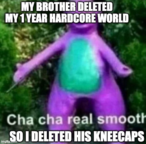 Break your kneecaps | MY BROTHER DELETED MY 1 YEAR HARDCORE WORLD; SO I DELETED HIS KNEECAPS | image tagged in cha cha real smooth | made w/ Imgflip meme maker