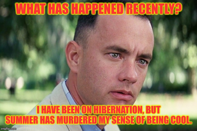 And Just Like That | WHAT HAS HAPPENED RECENTLY? I HAVE BEEN ON HIBERNATION, BUT SUMMER HAS MURDERED MY SENSE OF BEING COOL. | image tagged in memes,and just like that | made w/ Imgflip meme maker