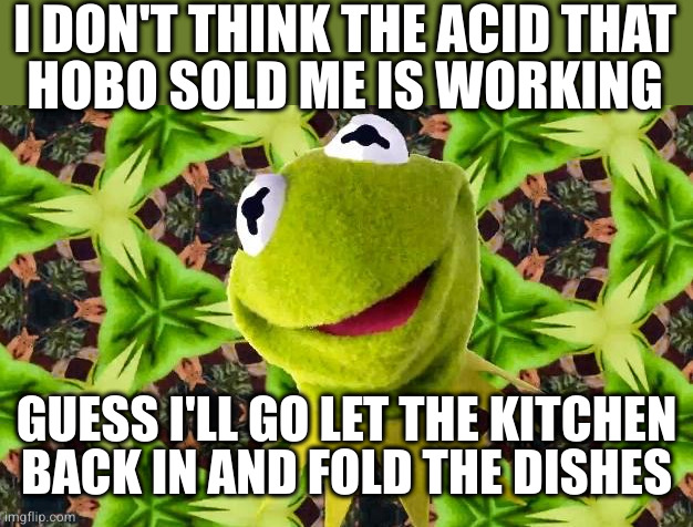 bathsalts | I DON'T THINK THE ACID THAT
HOBO SOLD ME IS WORKING; GUESS I'LL GO LET THE KITCHEN
BACK IN AND FOLD THE DISHES | image tagged in but that's none of my acid | made w/ Imgflip meme maker