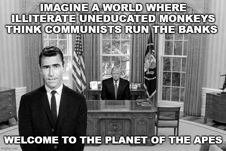 Twilight Zone Trump | IMAGINE A WORLD WHERE ILLITERATE UNEDUCATED MONKEYS THINK COMMUNISTS RUN THE BANKS; WELCOME TO THE PLANET OF THE APES | image tagged in twilight zone trump | made w/ Imgflip meme maker