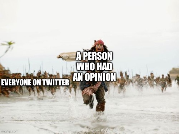 Jack Sparrow Being Chased | A PERSON WHO HAD AN OPINION; EVERYONE ON TWITTER | image tagged in memes,jack sparrow being chased | made w/ Imgflip meme maker