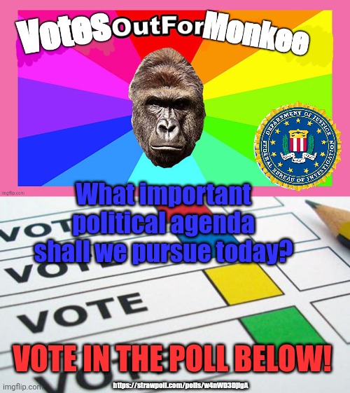 Important political poll | What important political agenda shall we pursue today? VOTE IN THE POLL BELOW! https://strawpoll.com/polls/w4nWD3DjlgA | image tagged in vote monkee,political poll,its time to stop | made w/ Imgflip meme maker