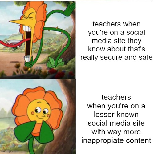 Need proof? What site are you on? | teachers when you're on a social media site they know about that's really secure and safe; teachers when you're on a lesser known social media site with way more inappropiate content | image tagged in cuphead flower,imgflip,teachers when | made w/ Imgflip meme maker