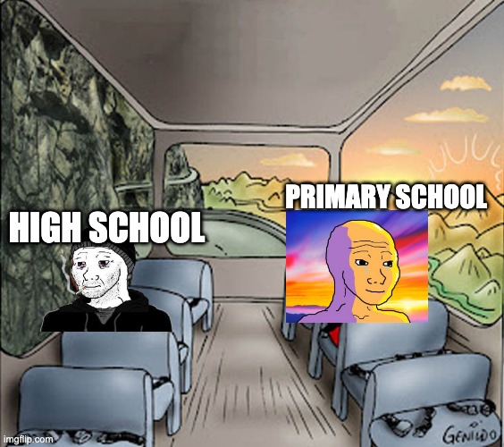 school |  PRIMARY SCHOOL; HIGH SCHOOL | image tagged in two guys on a bus | made w/ Imgflip meme maker