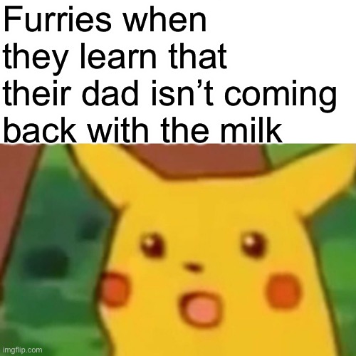 . | Furries when they learn that their dad isn’t coming back with the milk | image tagged in memes,surprised pikachu,anti furry | made w/ Imgflip meme maker