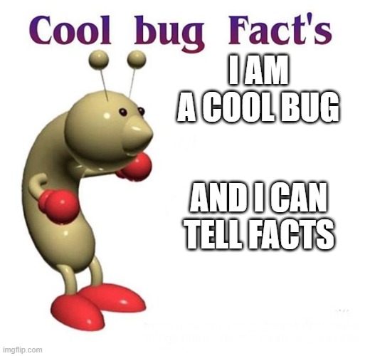facts | I AM A COOL BUG; AND I CAN TELL FACTS | image tagged in cool bug facts,facts,cool,cool facts,memes,oh wow are you actually reading these tags | made w/ Imgflip meme maker