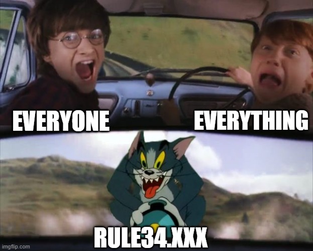 Tom chasing Harry and Ron Weasly | EVERYTHING; EVERYONE; RULE34.XXX | image tagged in tom chasing harry and ron weasly | made w/ Imgflip meme maker