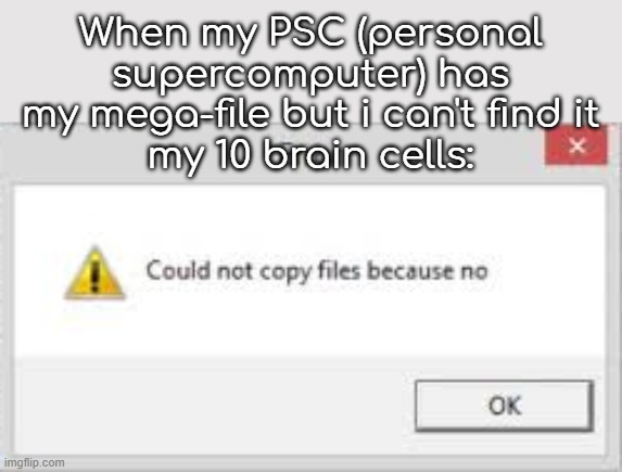Could not copy files because no | When my PSC (personal supercomputer) has my mega-file but i can't find it
my 10 brain cells: | image tagged in could not copy files because no | made w/ Imgflip meme maker