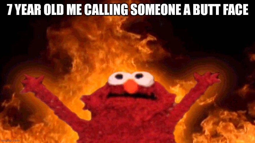 Hehe yea |  7 YEAR OLD ME CALLING SOMEONE A BUTT FACE | image tagged in elmo fire,elmo,fire | made w/ Imgflip meme maker