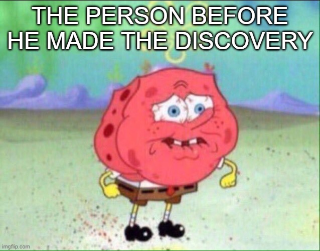 Spongebob trying not to cry | THE PERSON BEFORE HE MADE THE DISCOVERY | image tagged in spongebob trying not to cry | made w/ Imgflip meme maker