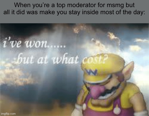 I've won but at what cost? | When you’re a top moderator for msmg but all it did was make you stay inside most of the day: | image tagged in i've won but at what cost | made w/ Imgflip meme maker