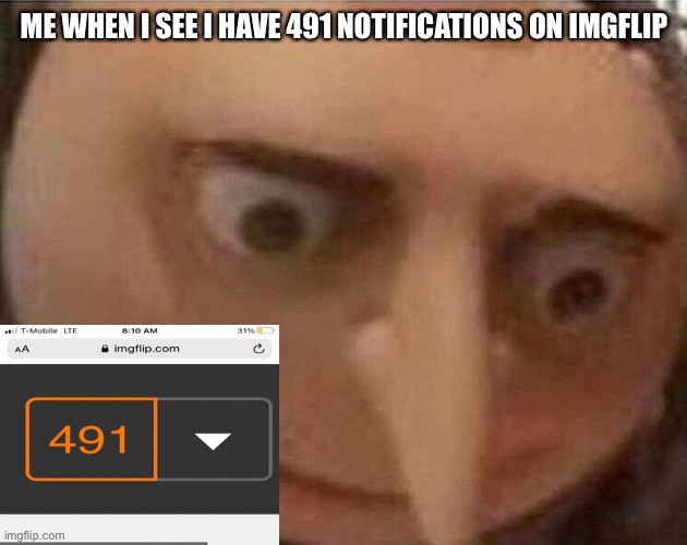 Notifications lol |  ME WHEN I SEE I HAVE 491 NOTIFICATIONS ON IMGFLIP | image tagged in gru meme,1 notification vs 809 notifications with message,gru panicked,panic,e,491 imgflip notifications | made w/ Imgflip meme maker