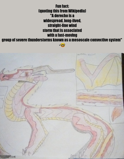 The reason I mentioned a derecho is because that's his name | Fun fact: (quoting this from Wikipedia) "A derecho is a widespread, long-lived, straight-line wind storm that is associated with a fast-moving group of severe thunderstorms known as a mesoscale convective system" 
-🤓 | image tagged in derecho | made w/ Imgflip meme maker