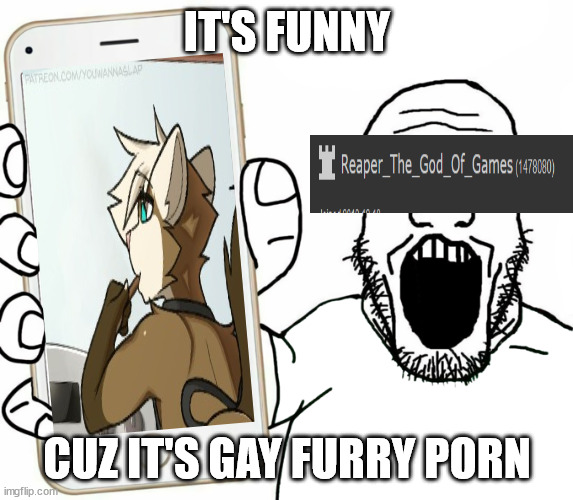 :nerd: | IT'S FUNNY; CUZ IT'S GAY FURRY PORN | image tagged in yes i'm still shitting on reaper,cry | made w/ Imgflip meme maker
