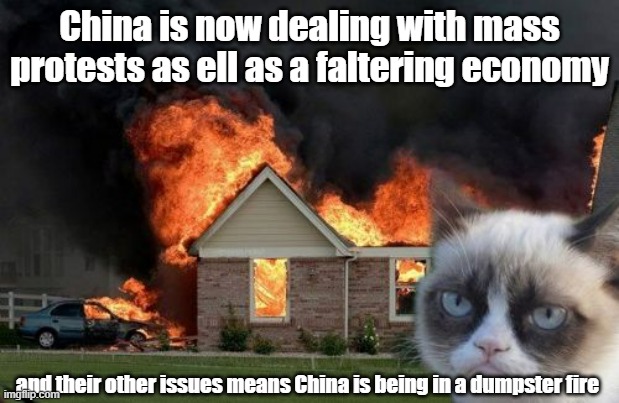 And they usually have a Civil War every 100 years or less, so the CCP may get one | China is now dealing with mass protests as ell as a faltering economy; and their other issues means China is being in a dumpster fire | image tagged in memes,burn kitty,grumpy cat,china | made w/ Imgflip meme maker
