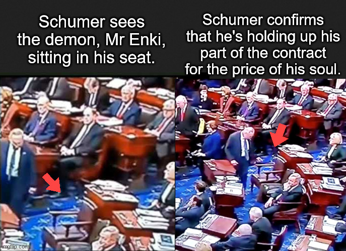 Schumer speaks to his buddy, the devil. | Schumer confirms that he's holding up his part of the contract for the price of his soul. Schumer sees the demon, Mr Enki, sitting in his seat. | image tagged in memes,politics | made w/ Imgflip meme maker