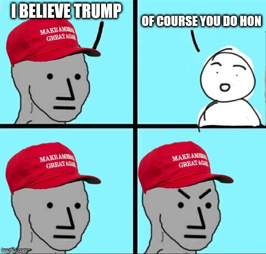 Y tho | I BELIEVE TRUMP; OF COURSE YOU DO HON | image tagged in maga npc | made w/ Imgflip meme maker