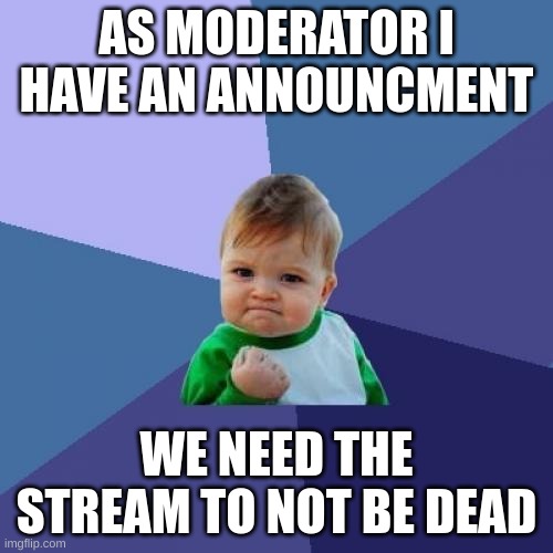 Success Kid | AS MODERATOR I HAVE AN ANNOUNCMENT; WE NEED THE STREAM TO NOT BE DEAD | image tagged in memes,success kid | made w/ Imgflip meme maker