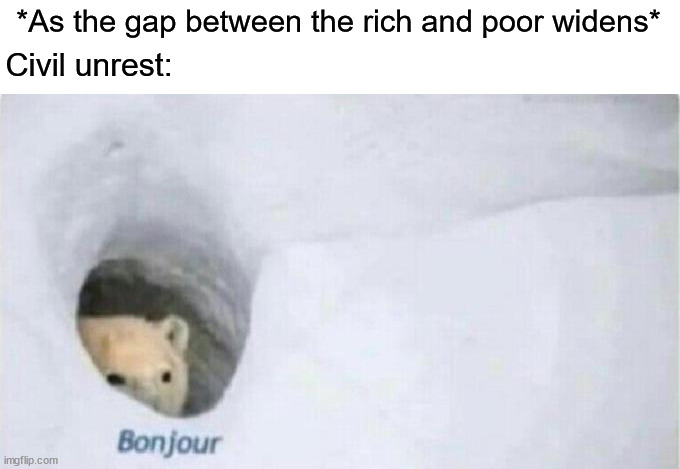 Bonjour Bear | *As the gap between the rich and poor widens*; Civil unrest: | image tagged in bonjour bear,civil unrest | made w/ Imgflip meme maker