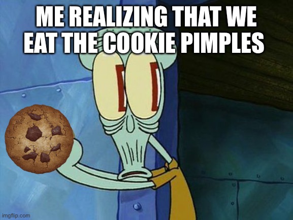 Oh shit Squidward | ME REALIZING THAT WE EAT THE COOKIE PIMPLES | image tagged in oh shit squidward | made w/ Imgflip meme maker