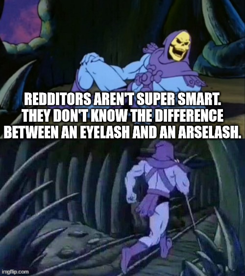 SlashR | REDDITORS AREN'T SUPER SMART. THEY DON'T KNOW THE DIFFERENCE BETWEEN AN EYELASH AND AN ARSELASH. | image tagged in skeletor disturbing facts,ass,reddit,bad joke,arse | made w/ Imgflip meme maker