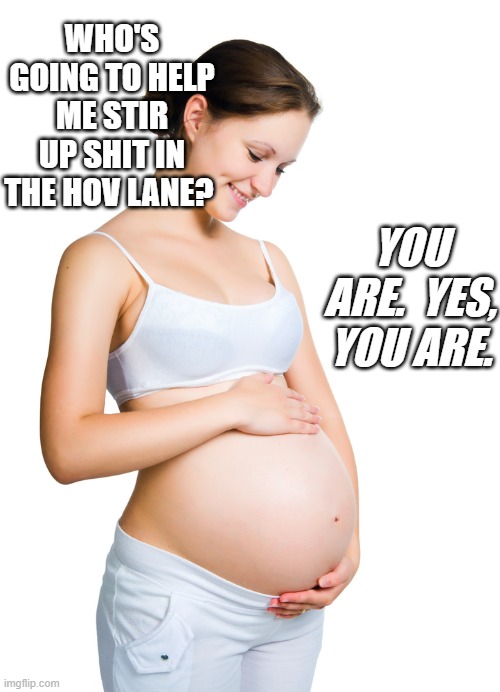 Here comes the boomerang, Red States with trigger laws. | WHO'S GOING TO HELP ME STIR UP SHIT IN THE HOV LANE? YOU ARE.  YES, YOU ARE. | image tagged in pregnant woman | made w/ Imgflip meme maker