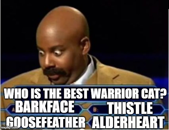 Warrior Cats | WHO IS THE BEST WARRIOR CAT? BARKFACE; THISTLE; ALDERHEART; GOOSEFEATHER | image tagged in quiz show meme | made w/ Imgflip meme maker