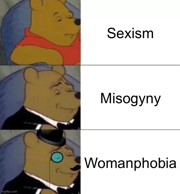 Womanphobia | Sexism; Misogyny; Womanphobia | image tagged in fancy pooh,womanphobia,words | made w/ Imgflip meme maker