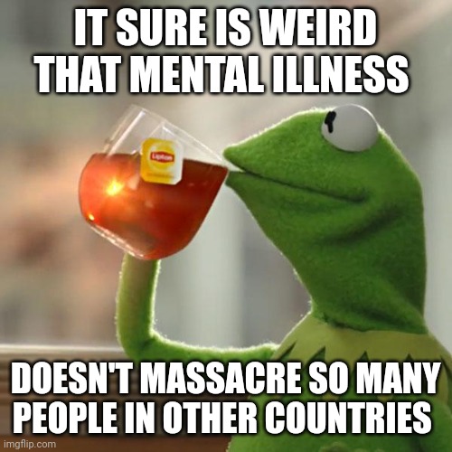 But That's None Of My Business | IT SURE IS WEIRD THAT MENTAL ILLNESS; DOESN'T MASSACRE SO MANY PEOPLE IN OTHER COUNTRIES | image tagged in memes,but that's none of my business,kermit the frog | made w/ Imgflip meme maker