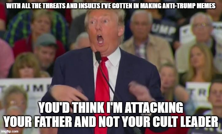 Donald Trump Mocking Disabled | WITH ALL THE THREATS AND INSULTS I'VE GOTTEN IN MAKING ANTI-TRUMP MEMES; YOU'D THINK I'M ATTACKING YOUR FATHER AND NOT YOUR CULT LEADER | image tagged in donald trump mocking disabled | made w/ Imgflip meme maker