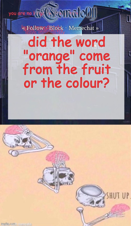 did the word "orange" come from the fruit or the colour? | image tagged in atomato011,skeleton shut up meme | made w/ Imgflip meme maker