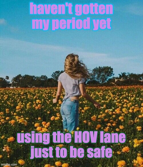 protecting the potential people | haven't gotten
my period yet; using the HOV lane
just to be safe | image tagged in young woman in field of flowers,unborn,babies,driving,law | made w/ Imgflip meme maker