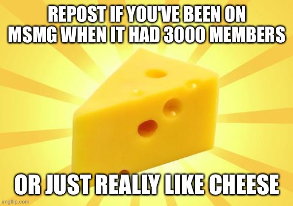 Cheese Time | REPOST IF YOU'VE BEEN ON MSMG WHEN IT HAD 3000 MEMBERS; OR JUST REALLY LIKE CHEESE | image tagged in cheese time | made w/ Imgflip meme maker