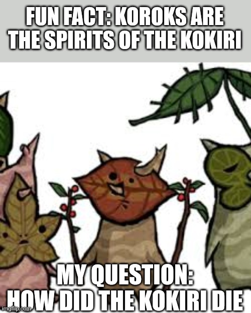 FUN FACT: KOROKS ARE THE SPIRITS OF THE KOKIRI; MY QUESTION: HOW DID THE KOKIRI DIE | made w/ Imgflip meme maker