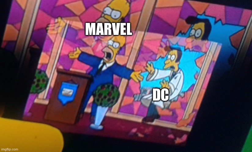 Homer pushing priest | MARVEL; DC | image tagged in homer pushing priest,lol so funny | made w/ Imgflip meme maker
