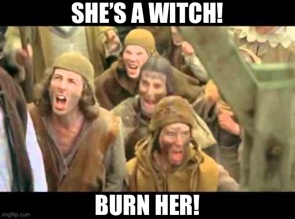 Ah, how I love the smell of crisply fried witches — just as the Founders intended | SHE’S A WITCH! BURN HER! | image tagged in she's a witch burn her monty python | made w/ Imgflip meme maker