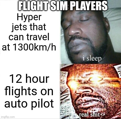 Flight Simulator plays be like | FLIGHT SIM PLAYERS; Hyper jets that can travel at 1300km/h; 12 hour flights on auto pilot | image tagged in memes,sleeping shaq | made w/ Imgflip meme maker