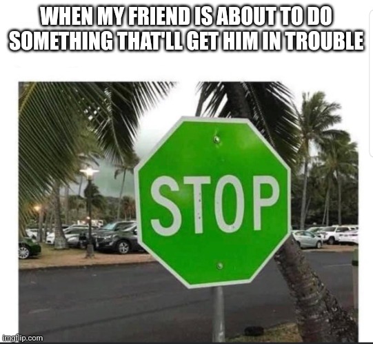 Green stop sign | WHEN MY FRIEND IS ABOUT TO DO SOMETHING THAT'LL GET HIM IN TROUBLE | image tagged in green stop sign | made w/ Imgflip meme maker