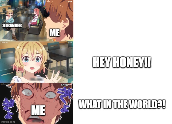 Met a Stranger by Accident | STRANGER; ME; HEY HONEY!! WHAT IN THE WORLD?! ME | image tagged in nani in an anime bowling,anime,anime meme,anime girl,funny,memes | made w/ Imgflip meme maker
