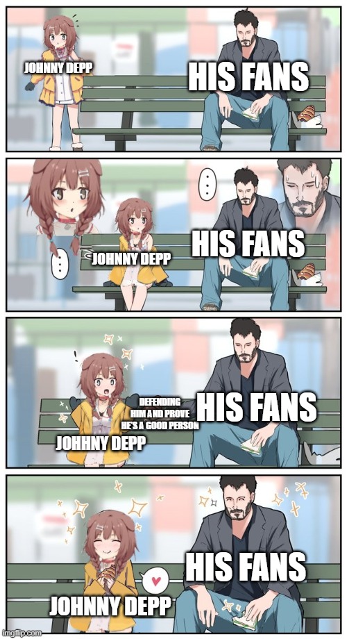 Sad Keanu shares with Korone | HIS FANS; JOHNNY DEPP; HIS FANS; JOHNNY DEPP; HIS FANS; DEFENDING HIM AND PROVE HE'S A GOOD PERSON; JOHHNY DEPP; HIS FANS; JOHNNY DEPP | image tagged in sad keanu shares with korone | made w/ Imgflip meme maker