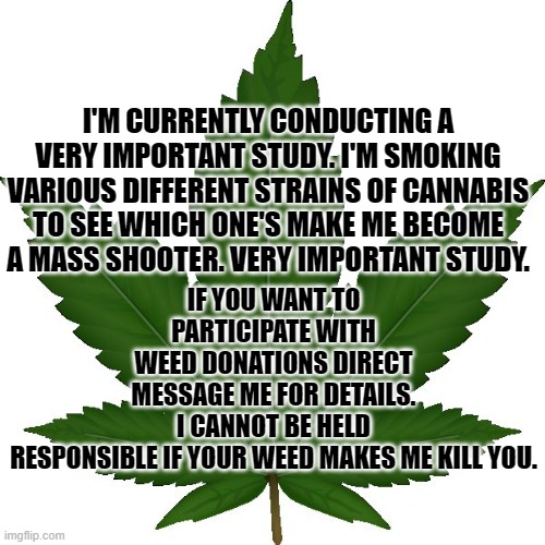 weed | IF YOU WANT TO PARTICIPATE WITH WEED DONATIONS DIRECT MESSAGE ME FOR DETAILS. I CANNOT BE HELD RESPONSIBLE IF YOUR WEED MAKES ME KILL YOU. I'M CURRENTLY CONDUCTING A VERY IMPORTANT STUDY. I'M SMOKING VARIOUS DIFFERENT STRAINS OF CANNABIS TO SEE WHICH ONE'S MAKE ME BECOME A MASS SHOOTER. VERY IMPORTANT STUDY. | image tagged in weed,political meme,funny memes | made w/ Imgflip meme maker