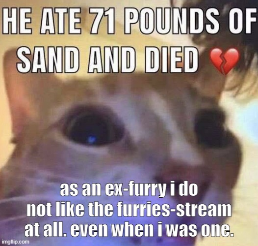 the community de-furried me. Couldn't stand...that stuff- | as an ex-furry i do not like the furries-stream at all. even when i was one. | image tagged in he ate 71 pounds of sand and died | made w/ Imgflip meme maker